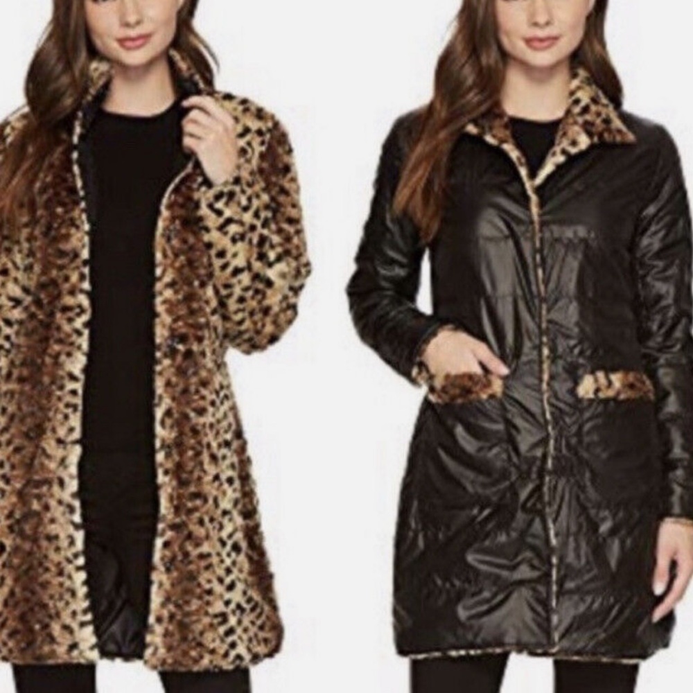 Reversible Leopard Print and Black Coat - Women's Jacket